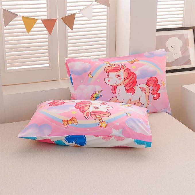 Aimuan Girls Unicorn Comforter Set 3 Pieces Pink Purple Bedding Set with Rainbow Star Galaxy Stars Fantasy Children Room Decor Soft Reversible Bed Sets for Boys/Girls/Teens (Pink Twin3Pcs) - LeafyLoom