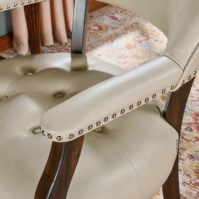 Large Dining Chairs with Casters and Arms, Rolling Dining Chairs with Wheels, Solid Wood Office Desk Chairs, 26“Dx25.2 Wx31.5“H, Espresso Legs & Beige PU, XXY-1910-BG - LeafyLoom