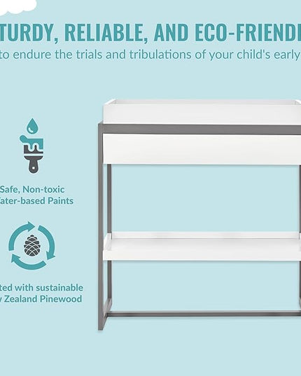 av2023-Dream nontoxic strap-3b688703 Arlo Changing Table, Made of Solid New Zealand Pinewood, Non-Toxic Finish, Comes with Water Resistant Mattress Pad & Safety Strap, Steel Grey And White - LeafyLoom