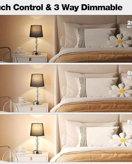 Acaxin Bedside Table Lamps for Bedrooms Set of 2 Nightstand- Crystal Table Lamps with USB C+A Ports & AC Outlet for Charging, 3 Way Dimmable Touch Silver Small Bed Side Table Lamp for Guest Room - LeafyLoom