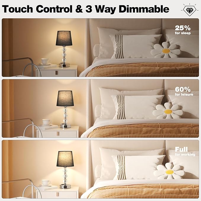 Acaxin Bedside Table Lamps for Bedrooms Set of 2 Nightstand- Crystal Table Lamps with USB C+A Ports & AC Outlet for Charging, 3 Way Dimmable Touch Silver Small Bed Side Table Lamp for Guest Room - LeafyLoom