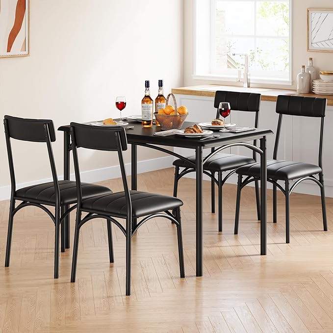 IDEALHOUSE Dining Table Set for 4, Kitchen Table and Chairs for 4, Rectangular Dining Room Table Set with 4 Upholstered Chairs, 5 Piece Kitchen Table Set for Small Space, Apartment, Retro Black - LeafyLoom