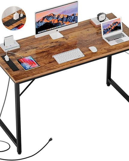 47 Inch Computer Desk with Magic Power Outlets, Modern Office Desk with USB Charging Ports, Sturdy Student Writing Desk, Simple Laptop PC Gaming Table for Bedroom Workstation, Rustic Brown - LeafyLoom