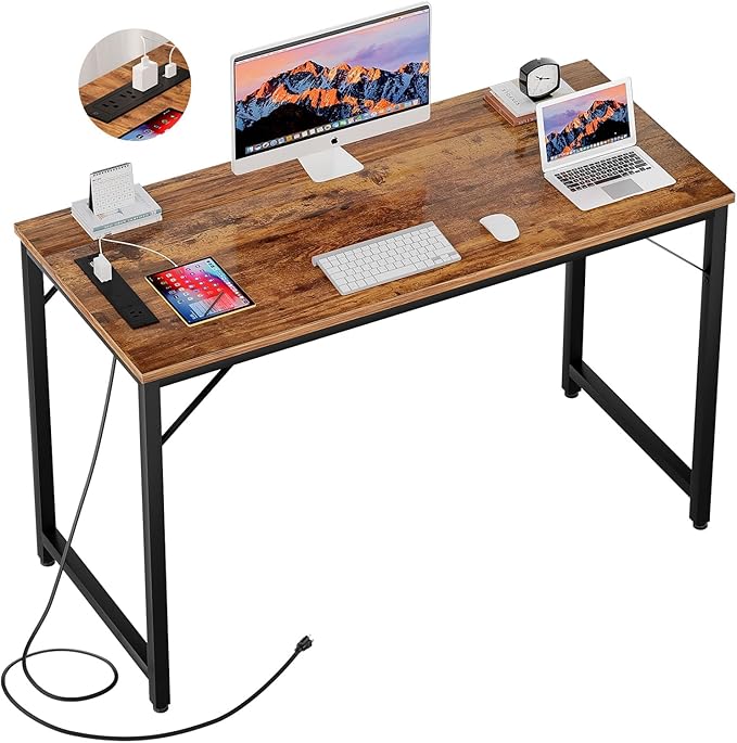 47 Inch Computer Desk with Magic Power Outlets, Modern Office Desk with USB Charging Ports, Sturdy Student Writing Desk, Simple Laptop PC Gaming Table for Bedroom Workstation, Rustic Brown - LeafyLoom