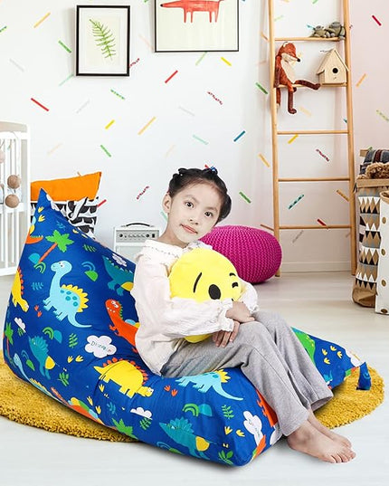 Stuffed Animal Storage Bean Bag Chair Cover, Cotton Blue Dinosaur Plush Toy Storage Stuff and Sit Seat for Kids/Teens/Adults, 52" x 31" Extra Large Triangle Floor Sofa, 200L/52Gal, Cover Only - LeafyLoom