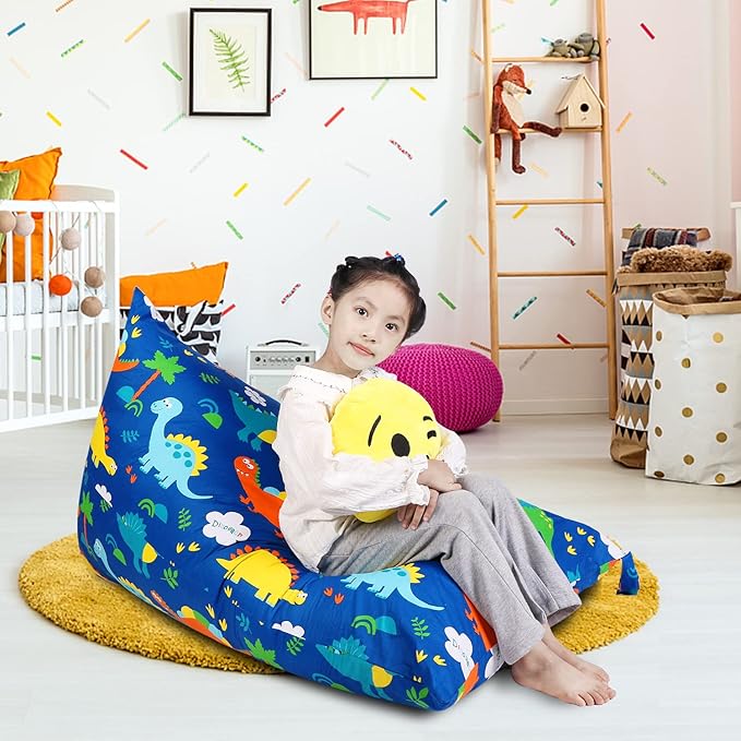 Stuffed Animal Storage Bean Bag Chair Cover, Cotton Blue Dinosaur Plush Toy Storage Stuff and Sit Seat for Kids/Teens/Adults, 52" x 31" Extra Large Triangle Floor Sofa, 200L/52Gal, Cover Only - LeafyLoom