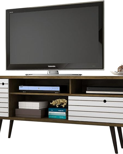 Manhattan Comfort Liberty Mid Century Modern TV Stand for Televisions up to 65 Inches, Bedroom and Living Room Entertainment Center with Storage, Shelves, and Cabinet, 71" Wide, Rustic Brown/White - LeafyLoom