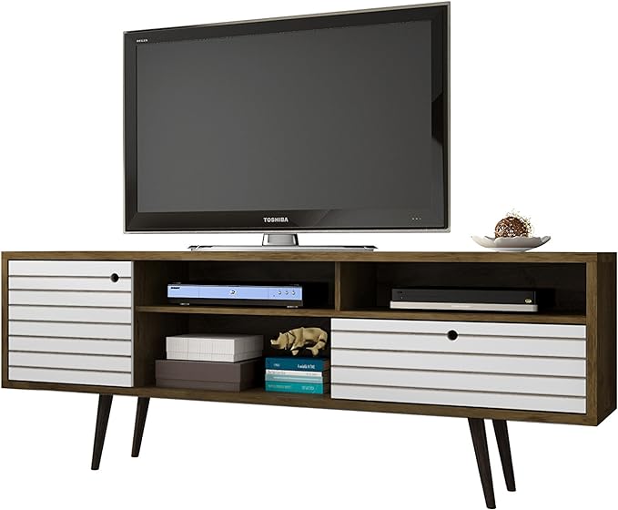 Manhattan Comfort Liberty Mid Century Modern TV Stand for Televisions up to 65 Inches, Bedroom and Living Room Entertainment Center with Storage, Shelves, and Cabinet, 71" Wide, Rustic Brown/White - LeafyLoom