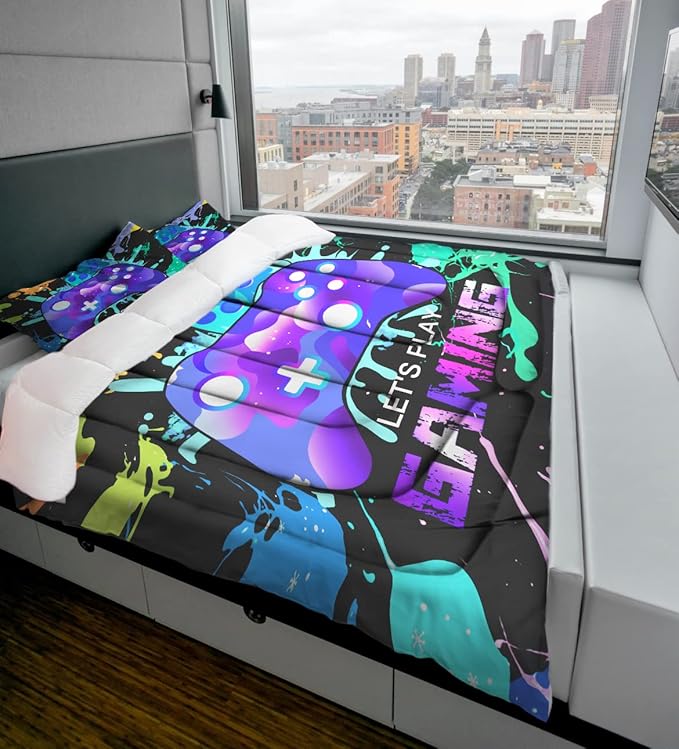 Sunnycitron Gaming Comforter sets for Boys Bedding Sets Kids Bed Comforter Set Gamer Bedding with Comforter Full size Boys Teen Gamer Gamepad Comforter Set for Gaming bed,1 Comforter 2Pillowcases - LeafyLoom