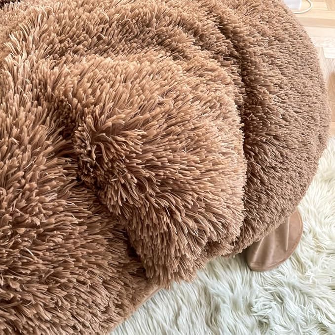 Faux Fur Kids Girls Coffee Comforter Sets Queen - 3PC Bed Set Warm Comfortable Soft Plush Flannel Velvet Fluffy Fuzzy Bedding（Comforter x 1 Pillowcases x 2） - LeafyLoom