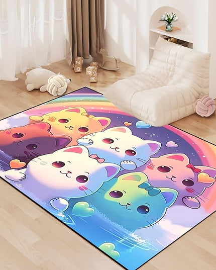 Rainbow Cat Rug for Girls - Colorful Cat Rug for Kids Bedroom Cute Cartoon Cat Pattern Rug Lovely Cat Rugs Room Decor Anime Cat Area Rug, 3x4 Feet - LeafyLoom