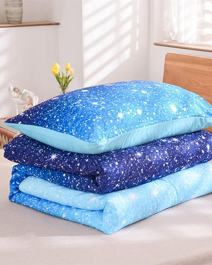 Holawakaka Kids Space Star Galaxy Bedding Comforter Set Twin/Twin XL Size Boys Girls Blue Indigo Ombre Print Gradient Glitter Stars Bed Sets (Blue, Twin) - LeafyLoom