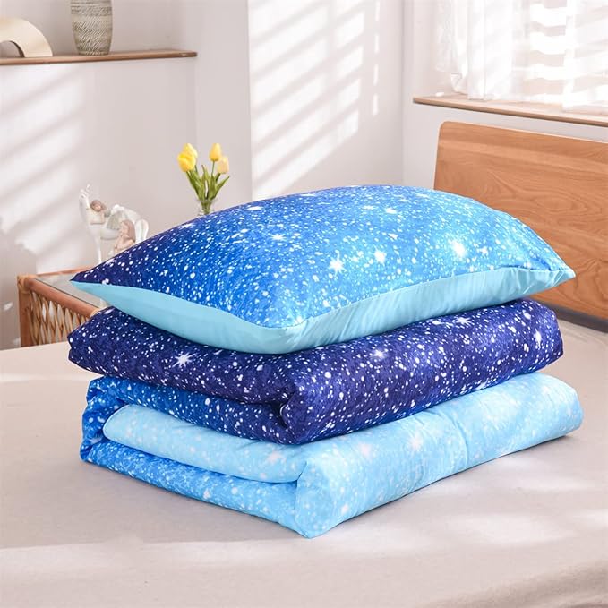 Holawakaka Kids Space Star Galaxy Bedding Comforter Set Twin/Twin XL Size Boys Girls Blue Indigo Ombre Print Gradient Glitter Stars Bed Sets (Blue, Twin) - LeafyLoom