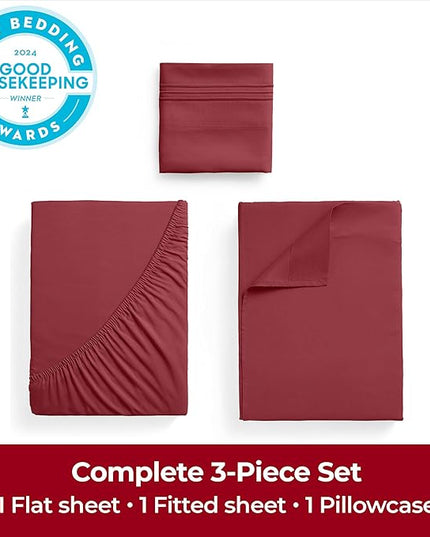 Mellanni Twin Sheets Set - 3 PC Iconic Collection Bedding Sheets & Pillowcases - Hotel Luxury, Extra Soft, Cooling Bed Sheets - Deep Pocket up to 16 inch (Twin, Brick Red) - LeafyLoom