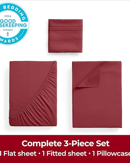 Mellanni Extra Deep Twin XL Sheets - 3 PC Iconic Collection Bedding Sheets & Pillowcases - Hotel Luxury, Ultra Soft, Cooling Bed Sheets - Extra Deep Pocket up to 21 inch (Twin Extra Long, Brick Red) - LeafyLoom