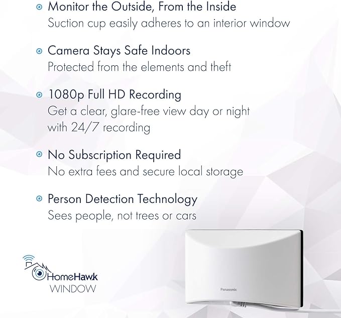Panasonic HomeHawk Window Home Monitoring Camera for Outdoor Monitoring, Mounts to Inside Window, Color Night Vision, Wide Angle, 24/7 Full HD Recording, Person Detection, Alexa Compatible KX-HNC500 Panasonic
