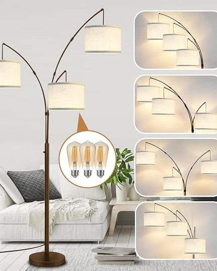 Dimmable Arc Floor Lamps for Living Room-Modern 3 Lights arch Floor Lamp, Mid Century Tall Standing Reading Lamp for Bedroom Office Include Bulbs (Brown) - LeafyLoom