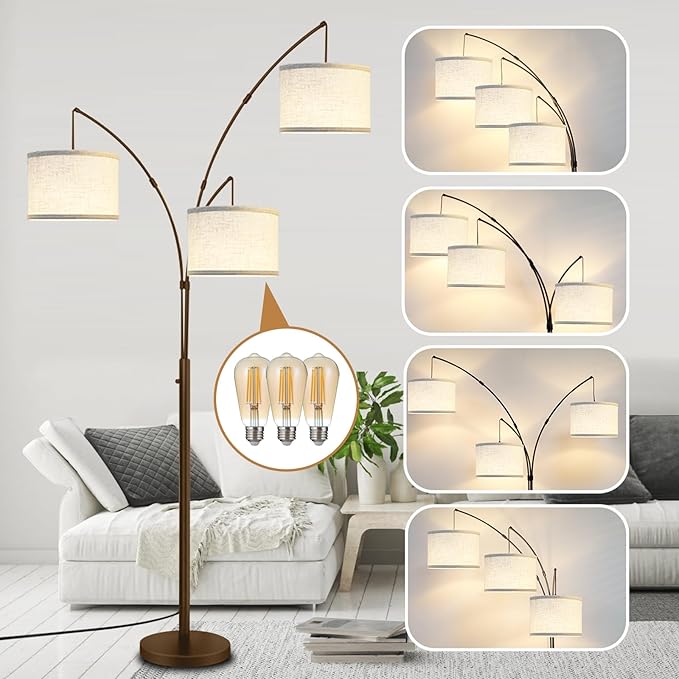 Dimmable Arc Floor Lamps for Living Room-Modern 3 Lights arch Floor Lamp, Mid Century Tall Standing Reading Lamp for Bedroom Office Include Bulbs (Brown) - LeafyLoom
