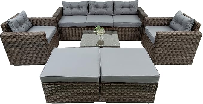 6-Piece Outdoor Rattan Patio Furniture Set, Wicker Sectional Sofa with Removeable Cushions and Tempered Glass Table Top, Conversation Couch for Garden Yark Lawn Backyard, Onesize, Brown - LeafyLoom