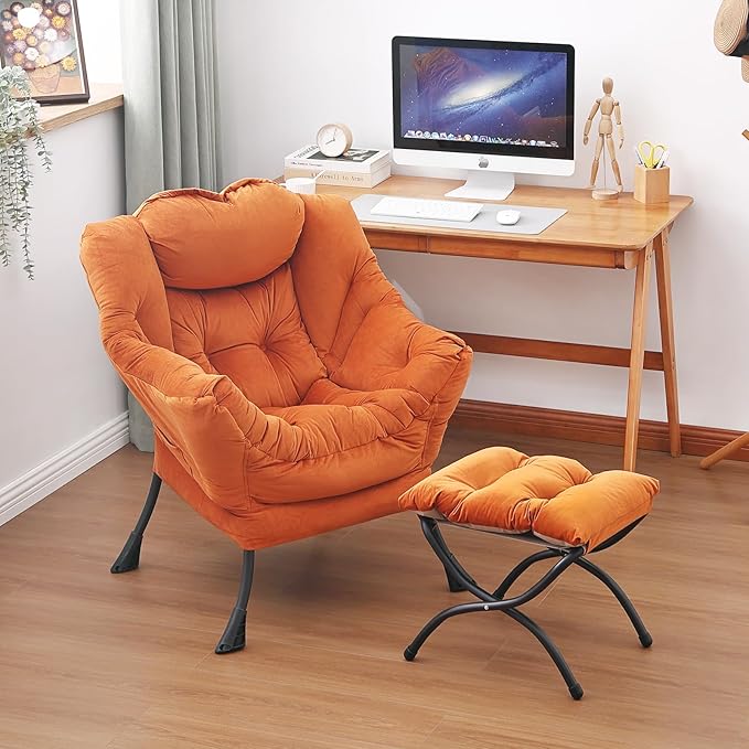 Lazy Chair and Ottoman, Large Accent Lounge Chair with Armrests and a Side Pocket, Modern Leisure Upholstered Sofa Reading Armchair with Footrest for Bedroom, Living Room, Dorm Rooms, Office - LeafyLoom
