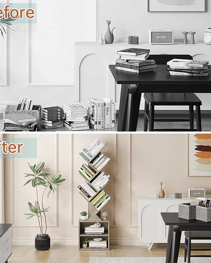 Vagusicc 6 Tier Tree Bookshelf, Modern Floor Standing Bookcase with Storage Drawer, Space Saving Storage Organizer Book Shelves for Books, Tall Wood Storage Rack for Bedroom/Living Room/Home Office - LeafyLoom