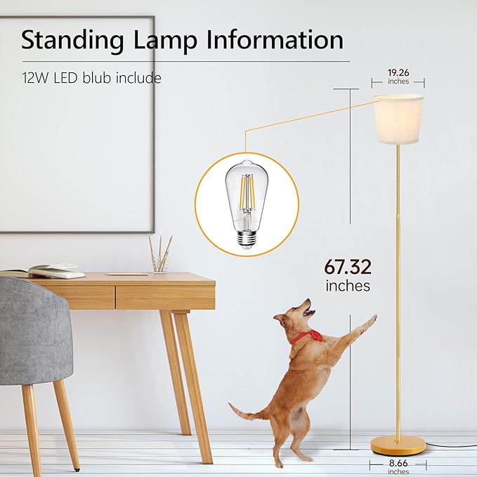 LED Floor Lamp, Standing Lamp for Living Room with Linen Lamp Shade,Adjustable Gooseneck Modern Reading Light,Floor Lamps for Bedroom,Office,Farmhouse,12W LED Bulb Included - LeafyLoom