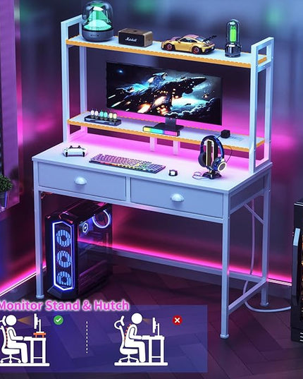 Furologee Small White Computer Desk with Power Outlet and 2 Fabric Drawers, 40" Makeup Vanity Desk with LED Light, Home Office Desk with Monitor Stand, Gaming Desk with Hutch for Small Space - LeafyLoom