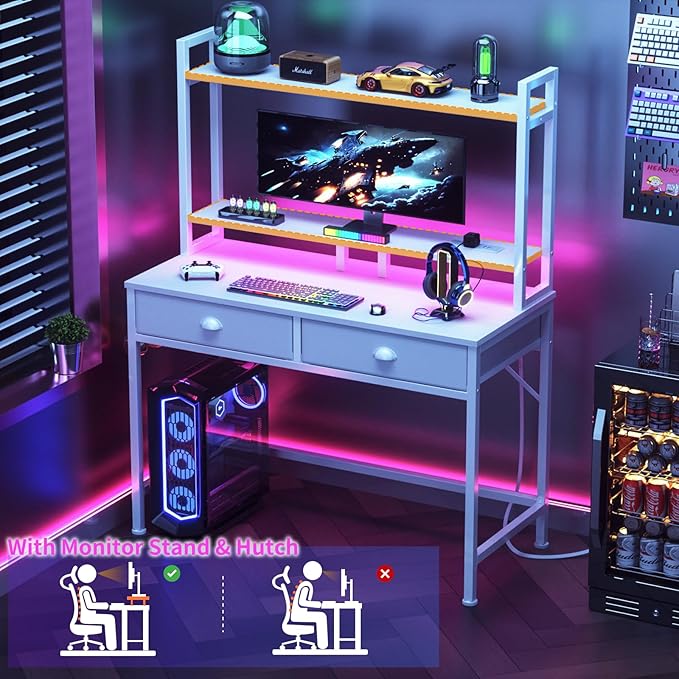 Furologee Small White Computer Desk with Power Outlet and 2 Fabric Drawers, 40" Makeup Vanity Desk with LED Light, Home Office Desk with Monitor Stand, Gaming Desk with Hutch for Small Space - LeafyLoom