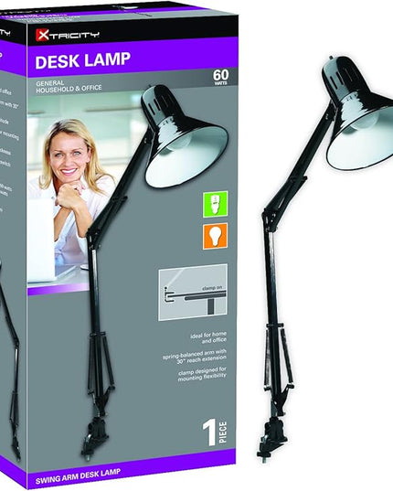 Xtricity Architect 30" Swing Arm Black Metal Desk Lamp,Plug in Clamp Light with Screw in Base, LED Bulb Included, Black Finish Gooseneck Clamp On Lamp - LeafyLoom