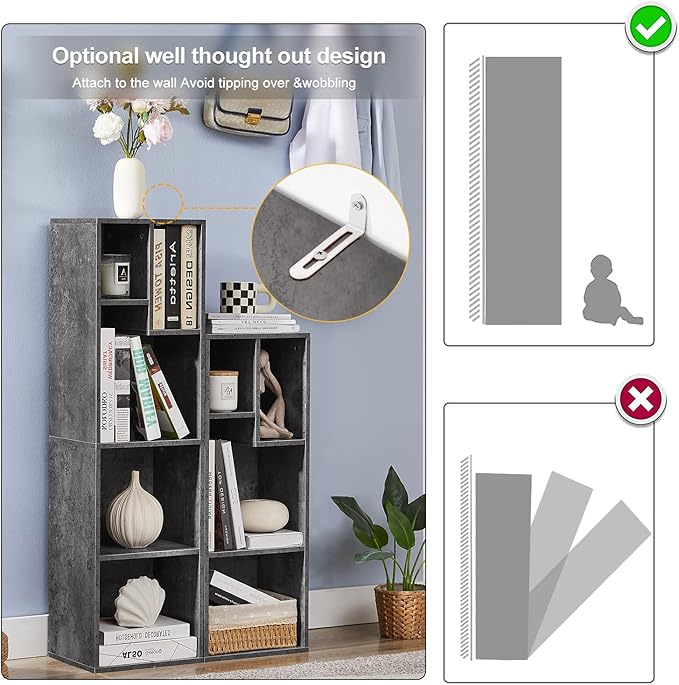 VECELO 3-Tier Small Bookcase, 4 Cube Bookshelf with Height Difference Shelves for Most Books, Modern Floor Standing Unit, Each Shelf Hold Up to 66 LBS for Living Room Bedroom, Grey - LeafyLoom