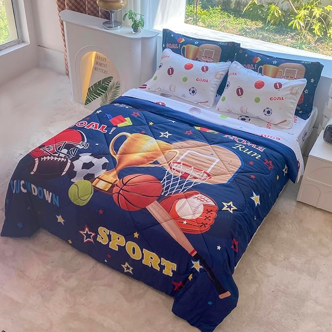 Sports Comforter Set Twin Size for Boys Kids Teens 7 Piece Basketball Baseball Bed in A Bag Soccer Football Trophies Bedding Set All Season Lightweight - LeafyLoom