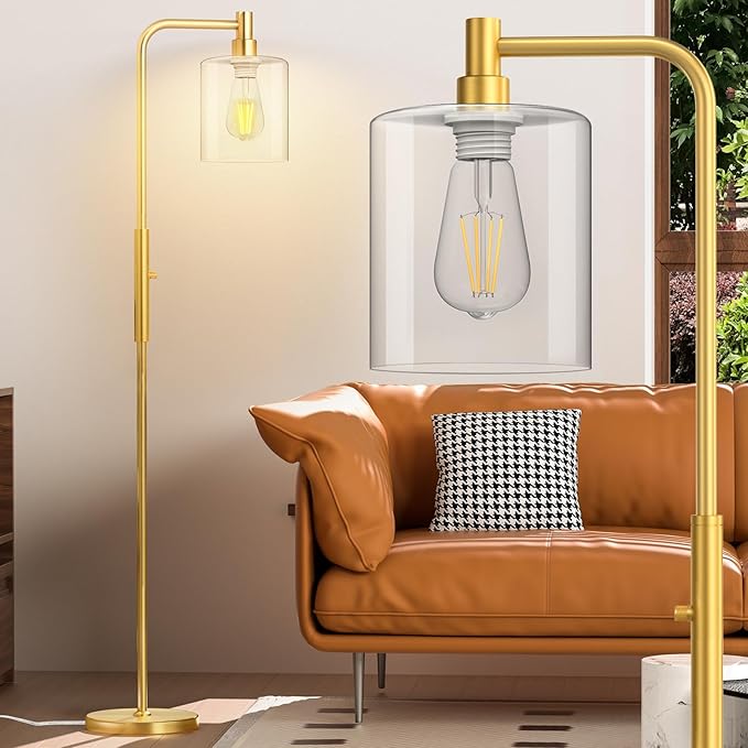 Stepless Dimmable Floor Lamps with Glass Lampshade Modern Standing Lamps with 6W LED Bulb Bright Corner Lamp Tall Pole Lamps for Living Room Bedroom Office Study Room Farmhouse, Gold - LeafyLoom