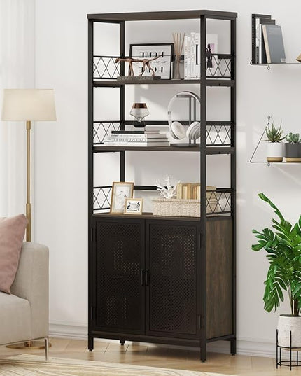 Farmhouse Bookshelf with Storage, Industrial Tall Book Shellf with Doors, Rustic Wood Bookcase with Cabinet for Home Office, Living Room, Bedroom (Walnut Brown) - LeafyLoom