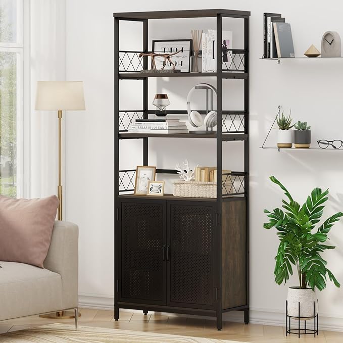 Farmhouse Bookshelf with Storage, Industrial Tall Book Shellf with Doors, Rustic Wood Bookcase with Cabinet for Home Office, Living Room, Bedroom (Walnut Brown) - LeafyLoom