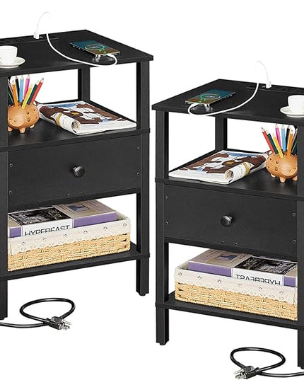 Lerliuo Nightstand Set of 2 with Charging Station and USB Ports, 3-Tier Storage End Table with Drawer Shelf, Night Stand for Small Spaces, Wood Bedside Table for Living Room, Bedroom - Classic Black - LeafyLoom