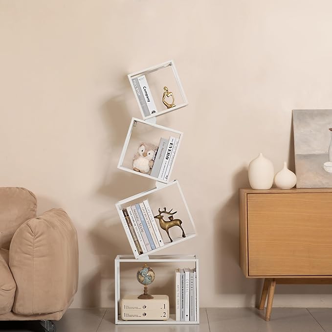 Bookshelf, 4-Tier Bookcase White, White Bookshelf, 4 Tier Bookshelf, 49''Tall Industrial Bookshelf, Modern Book Storage, Storage Shelves for CDs/Books/Home Decor, Display Shelf - LeafyLoom