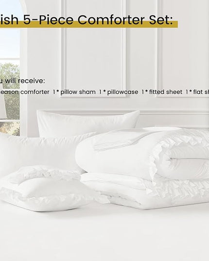 Twin Bed in a Bag 5 Pieces Comforter Set Twin, Ruffle Shabby Chic Bedding Comforter Set White Bed Set with Comforter, Pillowcase, Flat Sheet, Fitted Sheet and Pillow Sham - LeafyLoom