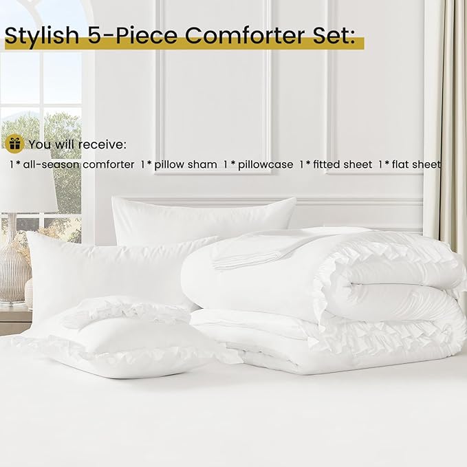 Twin Bed in a Bag 5 Pieces Comforter Set Twin, Ruffle Shabby Chic Bedding Comforter Set White Bed Set with Comforter, Pillowcase, Flat Sheet, Fitted Sheet and Pillow Sham - LeafyLoom