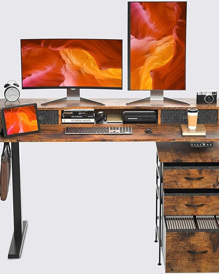 55 Inch Electric Standing Desk with Cabinet & Drawers, Height Adjustable Sit Stand Desk with Monitor Shelf, Smart Home Office Standing Computer Desk, Rustic Brown - LeafyLoom