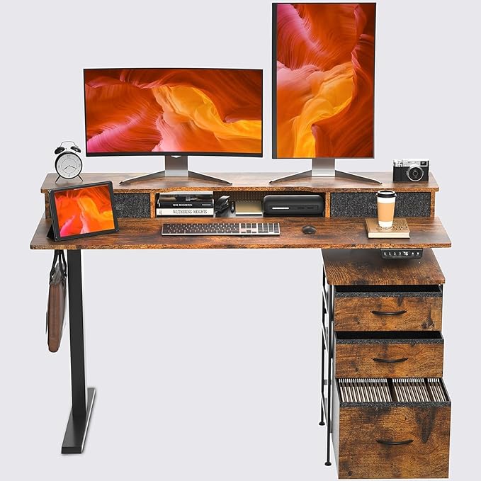 55 Inch Electric Standing Desk with Cabinet & Drawers, Height Adjustable Sit Stand Desk with Monitor Shelf, Smart Home Office Standing Computer Desk, Rustic Brown - LeafyLoom