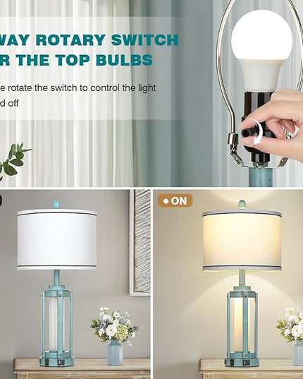 Farmhouse Lamps Set of 2, 26" Vintage Rustic Industrial Beside Lamps with USB A+C Charging Ports & AC Outlet, Nightstand Metal Lamp with LED Night Light & Fabric Shade for Living Room Bedrooms Blue - LeafyLoom