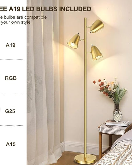 QiMH Tree Floor Lamp with 3 Light Bulbs, Standing Tall Pole Lamps for Living Room Bedroom Office, Reading Stand up Lamps with 3 Adjustable Arms, Brushed Gold - LeafyLoom