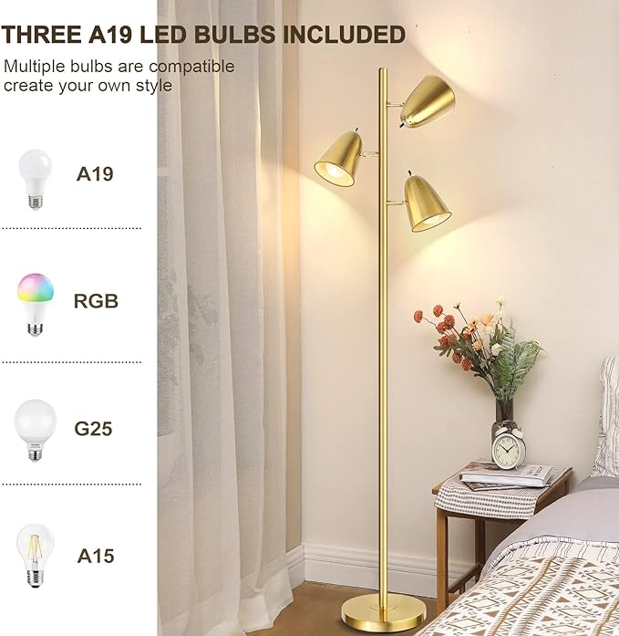 QiMH Tree Floor Lamp with 3 Light Bulbs, Standing Tall Pole Lamps for Living Room Bedroom Office, Reading Stand up Lamps with 3 Adjustable Arms, Brushed Gold - LeafyLoom