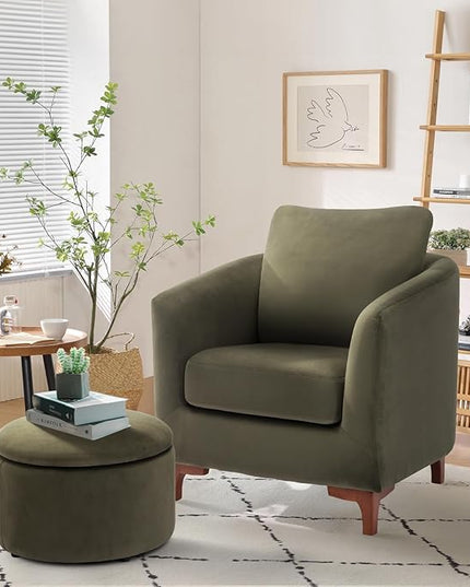 COLAMY Velvet Accent Chair with Storage Ottoman Set, Upholstered Barrel Arm Chair with Footrest, Modern Living Room Chair with Back Pillow, Olive - LeafyLoom