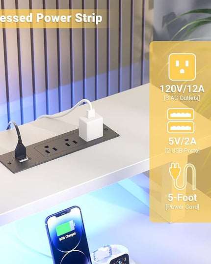 Computer Desk with USB Power Outlets and LED Lights, 55 inch Gaming desk with Monitor Stand for Small Space Home Office, Modern Simple Study Writing Table PC Desks, White - LeafyLoom