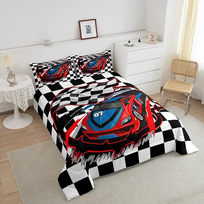 Red Race Car Bedding Set Twin Size Cool Racing Car Comforter Set Competition Extreme Sports Game Down Comforter For Kids Boys Girls Teens Bedroom Decor Plaid Pattern Duvet Insert With 1 Pillowcase - LeafyLoom