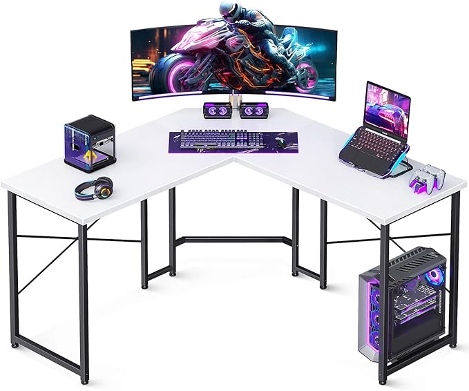 Casaottima 47 inch L Shaped Gaming Desk with Monitor Stand, Corner Desk Gaming Table for Home Office, Computer Desk Sturdy Writing Workstation for Small Space, White - LeafyLoom