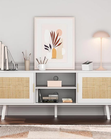 Anmytek Farmhouse Rattan TV Stand for 55 Inches TV Mid Century Modern Entertainment Center with Storage Cabinet Wood Small Media Console for Living Room White H0055 - LeafyLoom