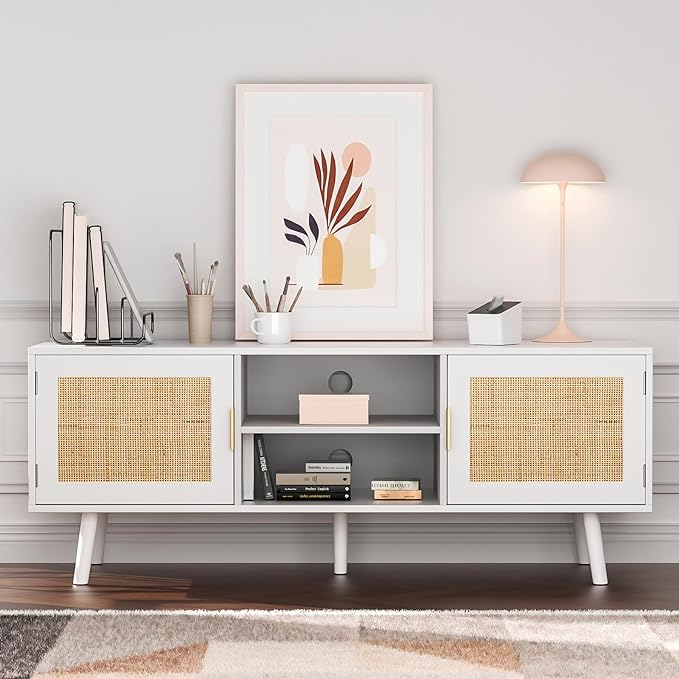Anmytek Farmhouse Rattan TV Stand for 55 Inches TV Mid Century Modern Entertainment Center with Storage Cabinet Wood Small Media Console for Living Room White H0055 - LeafyLoom