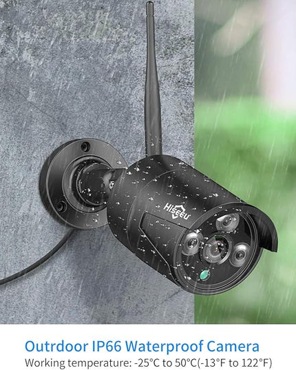 Hiseeu Black Wireless Security Camera System, 10CH 4K NVR 8Pcs Outdoor/Indoor WiFi Surveillance Camera 5MP with Night Vision, Waterproof, Motion, 1-Way Audio, Remote Access, 3TB HDD, DC12V Power Cord Hiseeu